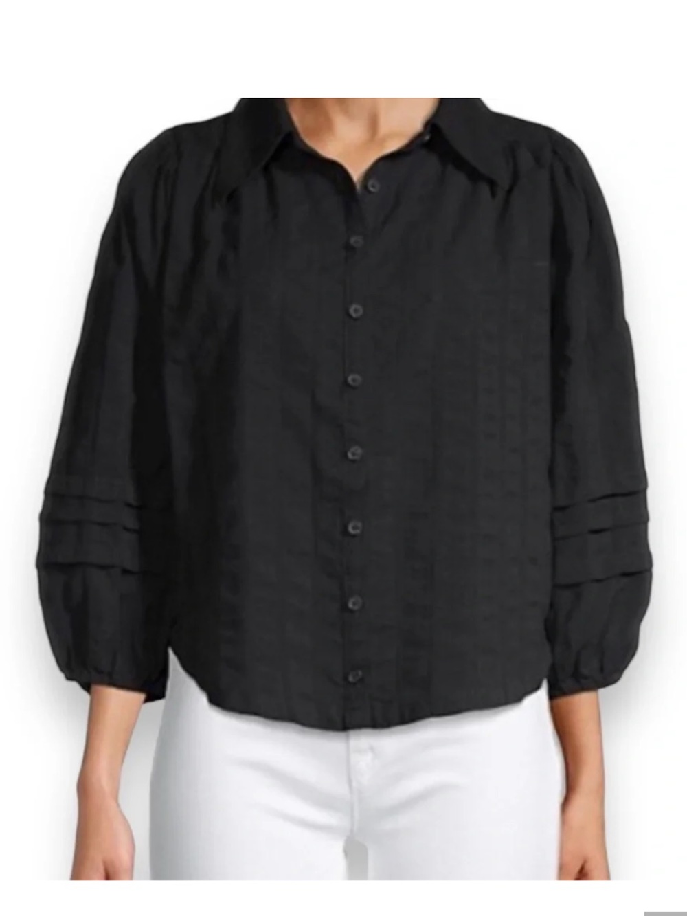 Free People Black Button-Front Puff Sleeve Shirt